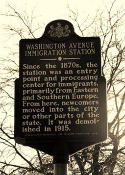 historical marker at intersection of Washington Avneue and Columbus Boulevard